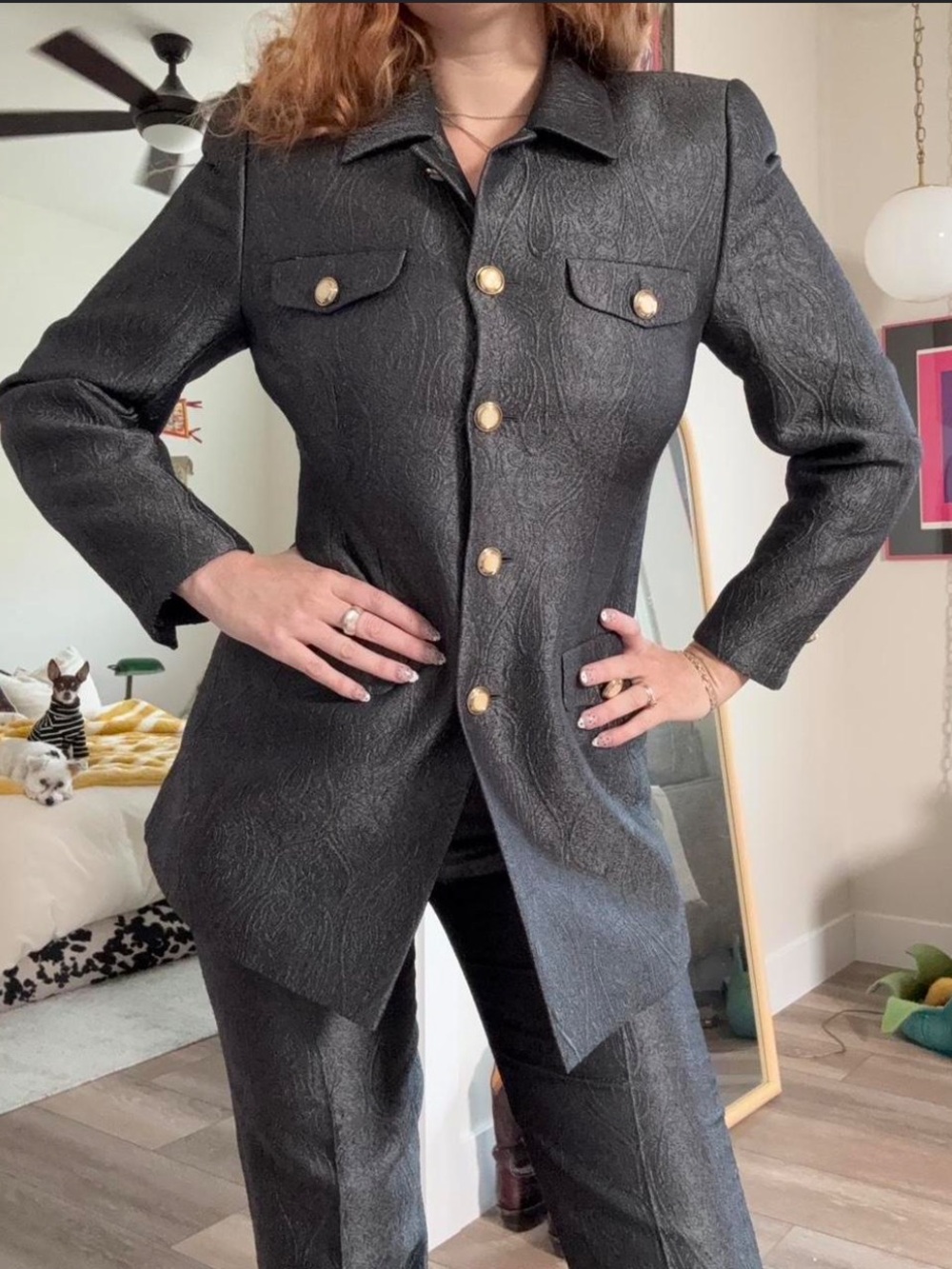 Escada Charcoal Gray Textured Silk-Virgin Wool Two-Piece Suit with Gold Buttons
